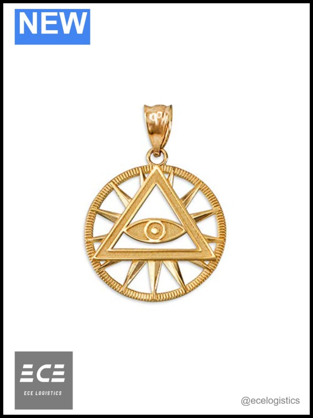 14K Yellow Gold Eye of Providence Pyramid Pendant Necklace High Polished
